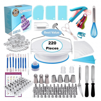 220 pcs Cake Decorating Tool Set with Non-Slip Turntable and 48 Nozzles for Baking