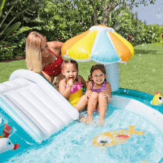 Inflatable Family Swimming Pool with Crocodile Slide, Mushroom Shade, and Toys Price in Pakistan | LAPTAB