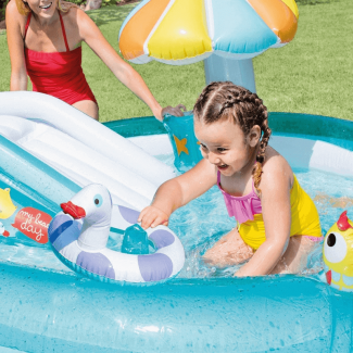 Inflatable Family Swimming Pool with Crocodile Slide, Mushroom Shade, and Toys Price in Pakistan | LAPTAB