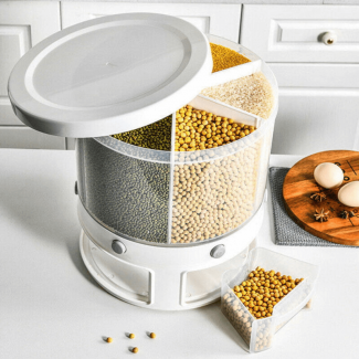 Rotation Rice & Grains Dispenser with 6 Partition Grids, Transparent, Sealed Covers Price in Pakistan | LAPTAB