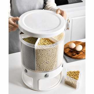 Rotation Rice & Grains Dispenser with 6 Partition Grids, Transparent, Sealed Covers