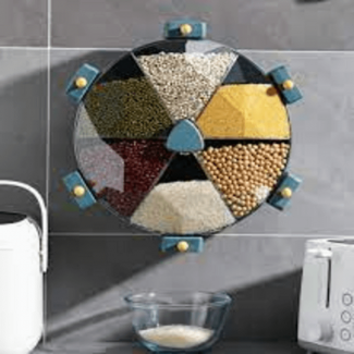 Rotating Wall-Mounted Cereal Container with 6 Compartments and Transparent Design