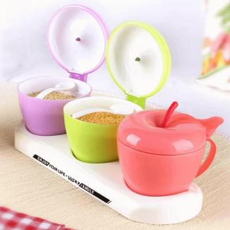 Apple Shaped Spice Jars Set of 3, 305ml Multicolor Plastic Containers with Handles