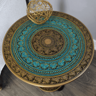 Natural Rosewood Round Accent Table Turquoise Hand-Etched, Polished Finish, Easy Assembly Price in Pakistan | LAPTAB