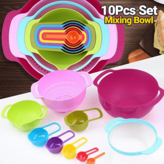 Rainbow 10-Piece Baking Mixing Bowl Set with Sieve, Measuring Spoon, and Stable Base Price in Pakistan | LAPTAB