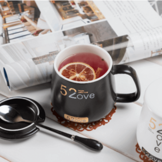 Ceramic Mug with Lid and Stainless Steel Spoon, Microwave and Dishwasher Safe
