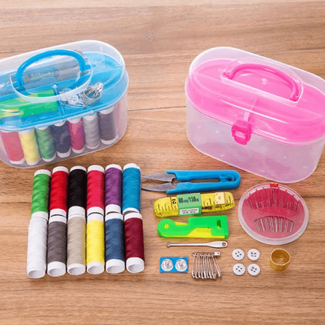 Clear Plastic Sewing Kit with 5 Storage Bins, Threads, Needles, Tape, Pins, Buttons