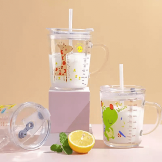 Glass Milk Cup with Straw and Measuring Lid 350ml, Durable Borosilicate Glass