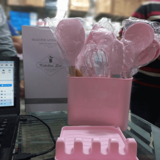 13-Piece Silicone Utensils Set with Acacia Wood Handles and Wooden Stand Price in Pakistan | LAPTAB