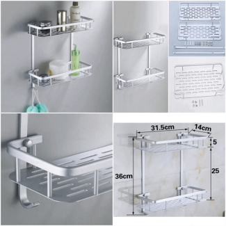 Wall Mounted 2 Layer Aluminum Rack with Shelves and Hooks for Bathroom Storage