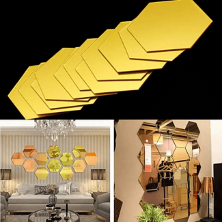 12 Pcs 3D Hexagon Acrylic Wall Mirror Stickers for Home Decor Price in Pakistan | LAPTAB