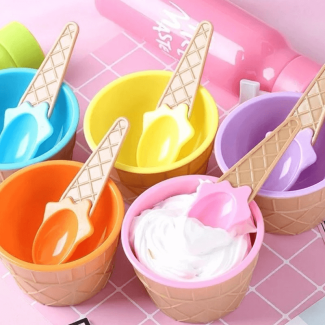 Pack of 2 Cute Ice Cream Bowls with Cone Design Spoon for Kids