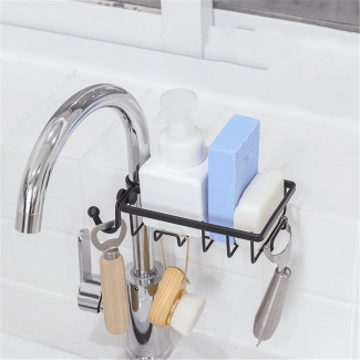 1 Layer Kitchen Faucet Tap Caddy Rack - Black, Rust-Proof Metal Design