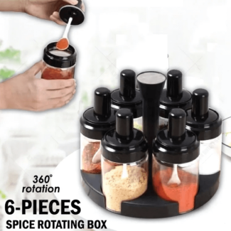6-in-1 Spice Condiment Bottles with Rotating Rack and Clear Jars