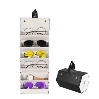 Leather 6 Slot Sunglasses Organizer with Hanging and Folding Design