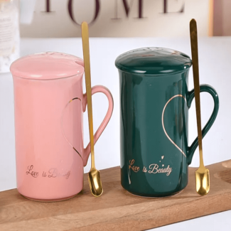 Love Sign Ceramic Couple Mug Set with Lid & Spoon - Dishwasher Safe Price in Pakistan | LAPTAB
