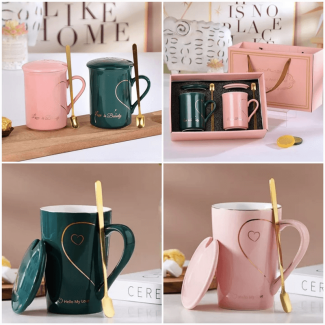 Love Sign Ceramic Couple Mug Set with Lid & Spoon - Dishwasher Safe