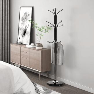 Simple Metal Coat Rack with Marble Base and 12 Staggered Hooks, 70