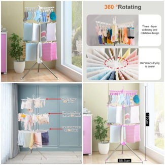 Stainless Steel 3-Tier Foldable Clothes Drying Rack with 360? Rotation