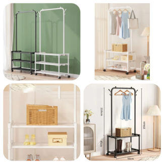 Metal Coat Stand with Shoe Rack and Hanging Rail, 3-in-1 Storage Solution