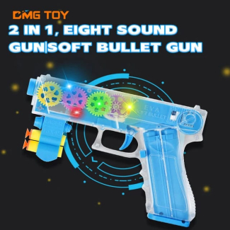 Transparent Gear Gun with Lights, Sounds, and Foam Shooting - Red/Blue