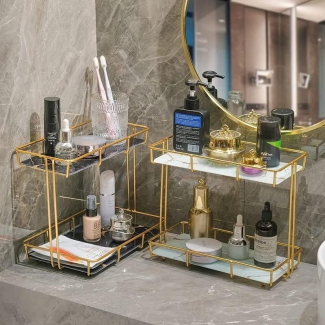2 Tier Rectangular Golden Vanity Stand with Stainless Steel Frame and Ceramic Trays Price in Pakistan | LAPTAB