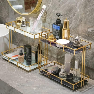 2 Tier Rectangular Golden Vanity Stand with Stainless Steel Frame and Ceramic Trays Price in Pakistan | LAPTAB