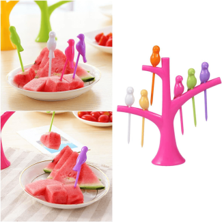 6pcs Bird Tree Fruit Forks with Tree Bracket - Durable and Reusable