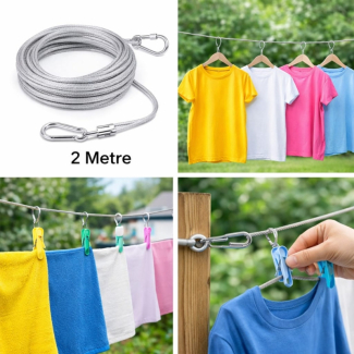 Strong stainless steel clothesline rope (2 metre) with hooks